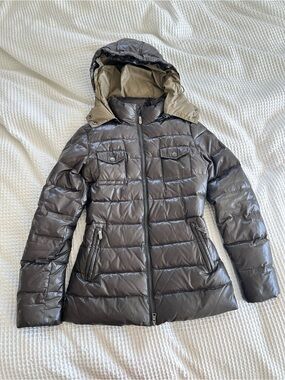 Women's Genuine Down Quilted Hooded Puffer Jacket in Dark Brown - MALVIN